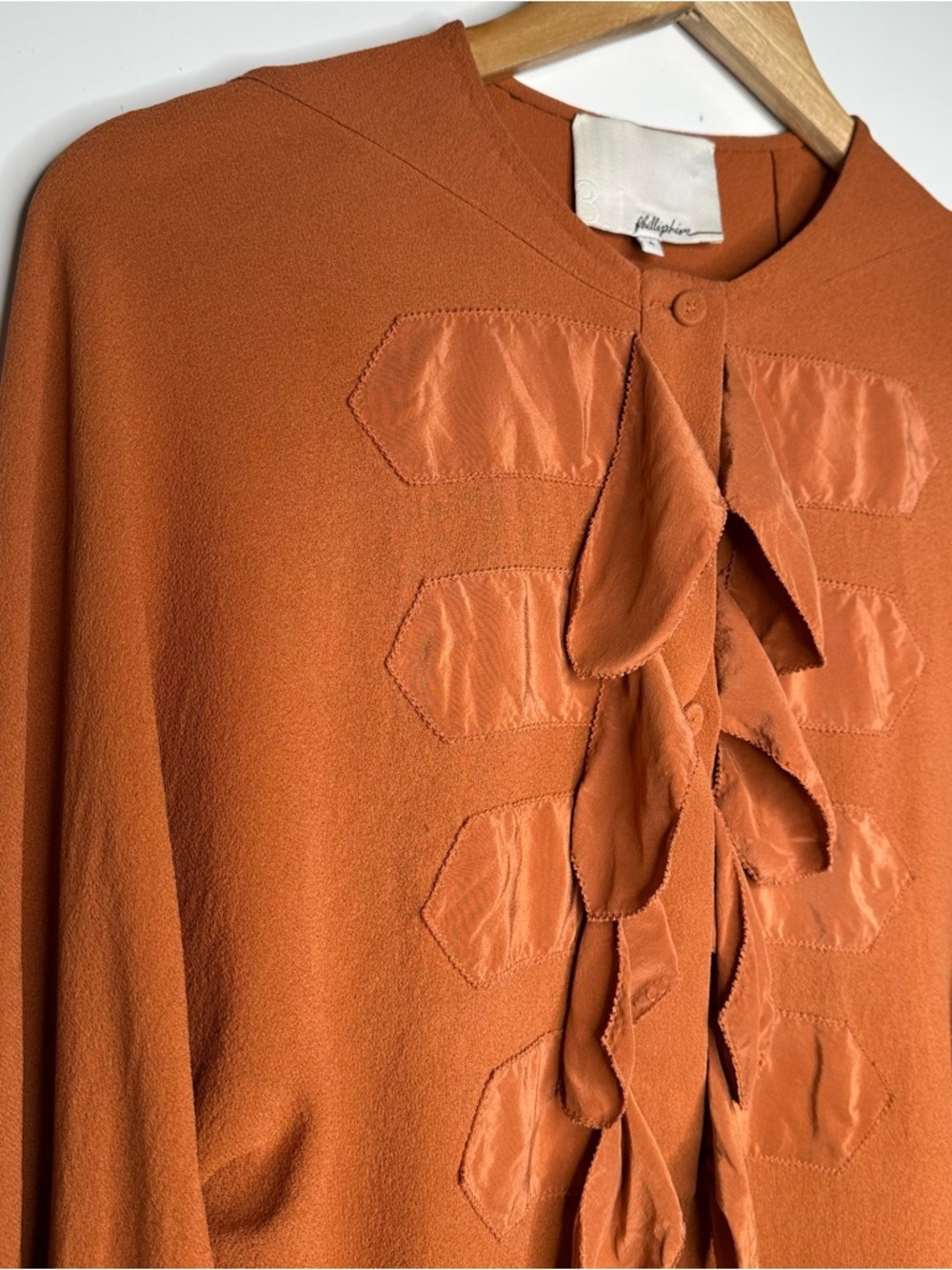 3.1 Phillip Lim Burnt Orange 100% Silk Ruffle Front Blouse Size 4 - Picture 4 of 8